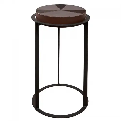 Beistelltisch Quincy Round Leder braun Top schwarzes Bein