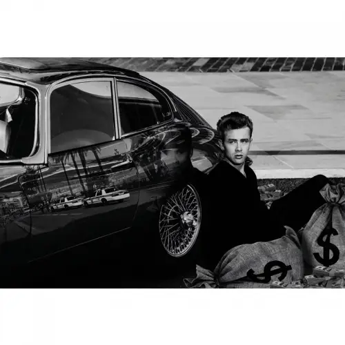 James Dean der Rebell mit Auto B&W 80x120x2cm