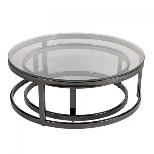 Coffee Table 100x100x35cm With Clear Glass, Set of 2 Black Chrome